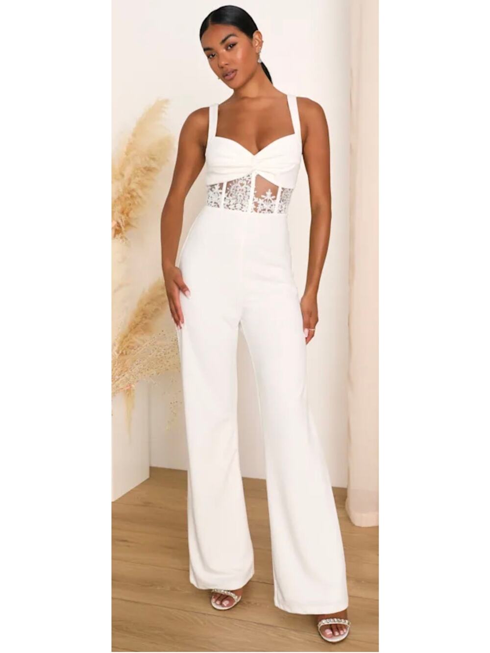 NWT! Lulus Adore the Feeling White Sheer Lace Bustier Twist-Front Jumpsuit S